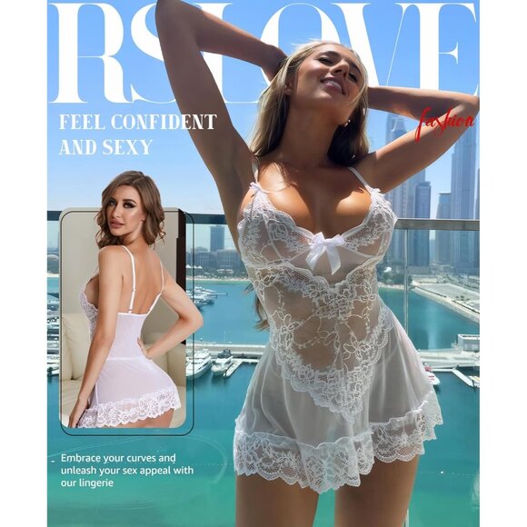 Women White Lingerie Lace Babydoll Mesh Chemise Sleepwear Bridal Nightdress - Picture 2 of 5